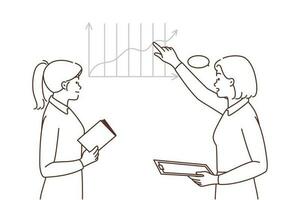 mujer de negocios discutir diagrama en tablero en oficina. empleados o colegas comprometido en trabajo en equipo actividad idea genial en sala del consejo. vector ilustración.