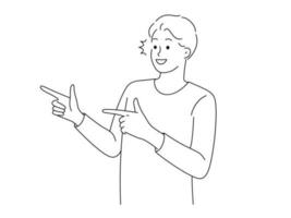 Smiling young man make hand gesture pointing aside. Happy guy demonstrate good sale deal or offer making recommendation. Vector illustration.