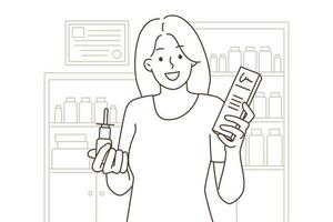 sonriente mujer comprando medicación en farmacia. contento hembra cliente con medicinas en farmacia. cuidado de la salud y medicamento. vector ilustración.