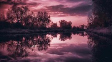 un escena en cuales el todo púrpura cielo es reflejado en el agua. ai generativo foto