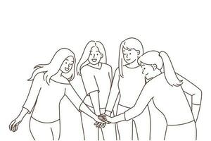 Smiling diverse girls join hands show unity and leadership. Happy girlfriends engaged in teambuilding together. Teamwork concept. Vector illustration.