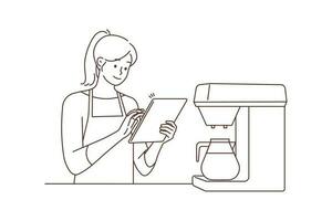 Happy young female waitress in coffeeshop taking order on pad. Smiling woman barista work on tablet in cafe. Good quality service. Vector illustration.