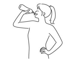 Young woman drinking water from bottle for hydration. Smiling girl enjoy clean liquid follow healthy lifestyle. Body hydrate. Vector illustration.