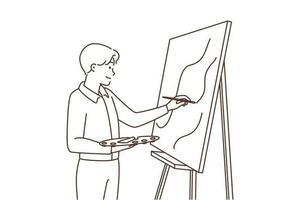 Young man painting picture on easel. Happy male artist enjoy drawing on white board. Art and hobby concept. Vector illustration.