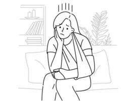 Unhappy young woman sit on sofa at home with broken arm in bandage. Upset girl with hand injury wear split. Healthcare and rehabilitation. Vector illustration.