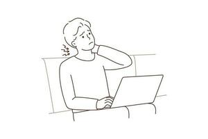 Man sitting on couch working on laptop suffer from neck ache. Unhealthy guy struggle from backache using laptop. Sedentary lifestyle concept. Vector illustration.