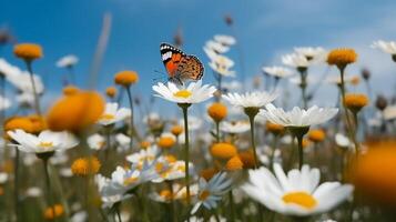 Beautiful white yellow daisies and blue cornflowers with fluttering butterfly in summer in nature against background of blue sky with clouds. photo