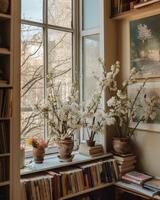 A photo of photobooks next to a big window.