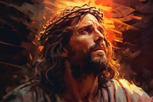 Jesus with a crown of thorns surrounded by glowing light Palette knife drawing. photo