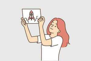 Girl demonstrates drawing of spaceship or rocket taking off and dreams of becoming woman astronaut. Schoolgirl shows picture of spaceship symbolizing growth and development in education or career vector