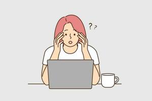 Confused woman look at laptop screen frustrated by unexpected news on internet. Stunned female shocked by unbelievable message on computer. Vector illustration.