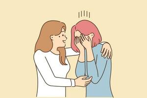 Caring young woman hug comfort unhappy crying friend suffer from life problems. Smiling female embrace caress upset distressed girlfriend. Friendship and support. Vector illustration.