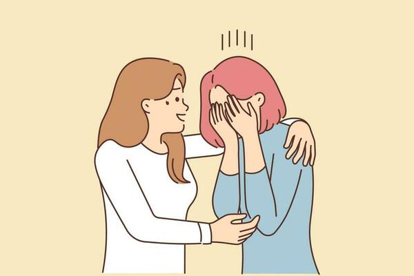Caring young woman hug comfort unhappy crying friend suffer from life problems. Smiling female embrace caress upset distressed girlfriend. Friendship and support. Vector illustration.