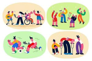 Set of diverse active people with physical disabilities living normal full life having fun together. Collection of men and women having chronic disability show equality. Flat vector illustration.