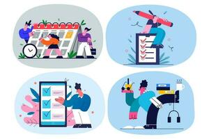 Employee multitask at workplace, check finished businesses in list. Businesspeople meet deadline manage with workload in office. Good time management concept. Flat vector illustration. Set.