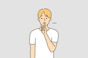 Man holding finger at lips ask be quiet. Young man make hand gesture asking for silence. Nonverbal communication. Vector illustration.