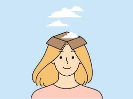 Smiling woman with open mind waiting for inspiration. Happy girl dreaming looking for inspiring thoughts. Visualization and daydreaming. Vector illustration.