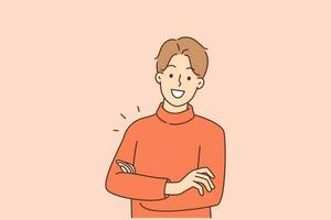 Portrait of smiling young man feeling optimistic and joyful. Profile picture of happy guy with arms crossed in good mood. Vector illustration.