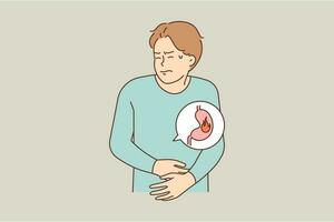 Unhealthy young man suffer from stomachache having spasms and inflammation. Unwell guy struggle with intestinal tract pain. Healthcare. Vector illustration.