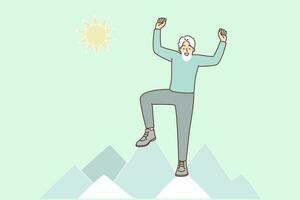 Elderly man stands on top of mountain and celebrates triumphant ascent, for concept of leadership or success. Elderly man rejoices at new achievement and leads active lifestyle after retirement vector