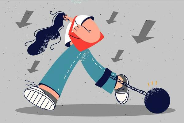 Stressed businesswoman going for work with burden on leg. Unhappy female employee or worker suffer from hatred job and daily duties. Vector illustration.