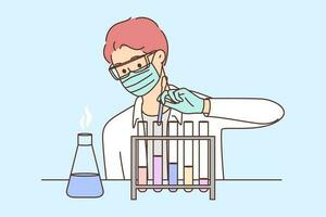 Young male scientist in face mask make experiments in lab. Man researcher experiment using tubes in laboratory. Science and biotechnology. Vector illustration.