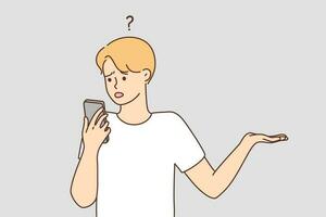 Confused man look at cellphone screen frustrated by problem or mistake. Frustrated male shocked stunned by notification on smartphone. Vector illustration.