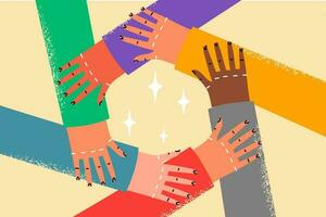 Close-up of diverse people hold hands in circle show friendship and unity. Multiracial friends or colleagues demonstrate togetherness and support. Vector illustration.