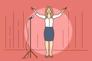 Smiling young woman on stage thanking for warm welcome. Happy female after performance in club feeling grateful for public. Vector illustration.