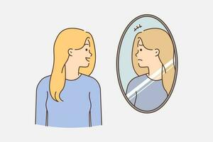 Smiling young woman look in mirror see unhappy upset face suffer from depression or mental problems. Girl with mood swings struggle with personality disorder. Vector illustration.