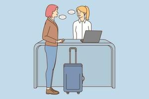 Woman with suitcase talk with personnel in hotel. Female traveler with luggage speak with administrator on reception. Vector illustration.