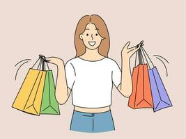 Smiling young woman holding numerous shopping bags with purchases. Happy female shopaholic buying clothes in boutique hold parcels. Vector illustration.