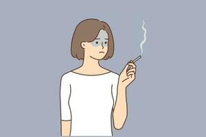 Young woman smoking cigarette. Unhappy girl having bad unhealthy habit. Smoker concept. Vector illustration.