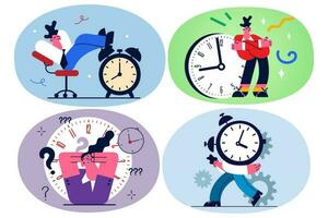 Businesspeople near clock stressed with missed deadline, overwhelmed with workload in office. Exhausted employees struggle with fatigue at workplace. Overwork concept. Flat vector illustration. Set.