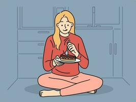 Happy woman sit on kitchen floor near fridge eating chocolate cake. Smiling girl enjoy tasty dessert at home. Diet and guilty pleasure. Vector illustration.