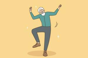 Overjoyed elderly man have fun dancing. Happy mature grandfather feel energetic and positive with dancer moves. Good maturity. Vector illustration.