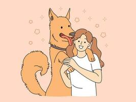 Happy little girl hugging with dog show affection and love. Smiling kid embracing cuddling with pet. Ownership and friendship. Vector illustration.