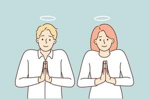 Pair of angels pray with hands folded in front of chests and standing with halo over heads. Man and woman with halos of angels are asked to be more merciful and show compassion for people. vector