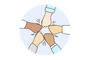 Close-up of diverse people join hands give fists bumps showing unity and support. Multiracial friend or colleagues engaged in teambuilding activity. Vector illustration.