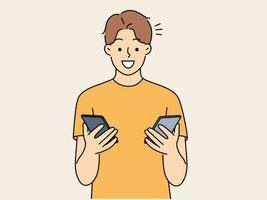 Smiling man hold cellphone sending information in between gadgets. Happy male compare modern smartphones. Technology concept. Vector illustration.