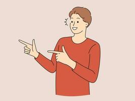 Smiling young man make hand gesture pointing aside. Happy guy demonstrate good sale deal or offer making recommendation. Vector illustration.