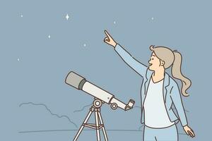 Woman with telescope points finger at starry sky, being fond of astronomy and watching movement of planets in space. Girl stands in open air near telescope on tripod and looks at night sky vector