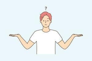 Confused man with hands as scales doubt about choice. Frustrated male make decision, have dilemma comparing options. Vector illustration.