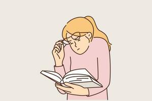 Woman is reading book lifting glasses and squinting eyes due to problems caused by poor vision. Bookworm girl has difficulty reading small print in book, needs help from ophthalmologist vector