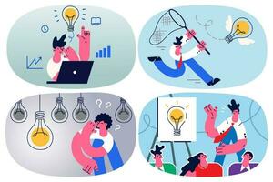 Employee work in office think generate business idea or plan for goal achievement. Businesspeople brainstorm search for innovative startup develop project. Innovation. Vector illustration. Set.