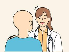 Smiling young doctor in uniform talk with bald cancer patient about good result. Happy female medical specialist consult client with oncology. Vector illustration.