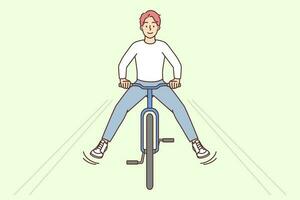 Overjoyed young man riding bike outdoors. Smiling guy have fun enjoying bicycle ride on street. Weekend activity outside. Vector illustration.