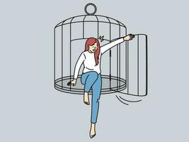 Happy young woman escape cage achieve freedom. Smiling girl quit imprisonment start new free life. Liberty and freelance. Vector illustration.