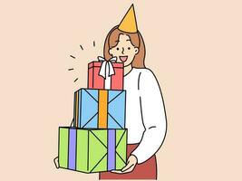 Overjoyed woman with stack of presents celebrate birthday anniversary. Smiling female with pile of gifts have fun on party. Vector illustration.