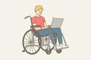 Smiling young man sit in wheelchair work on laptop. Happy optimistic handicapped guy use computer do freelance job or browse internet. Vector illustration.